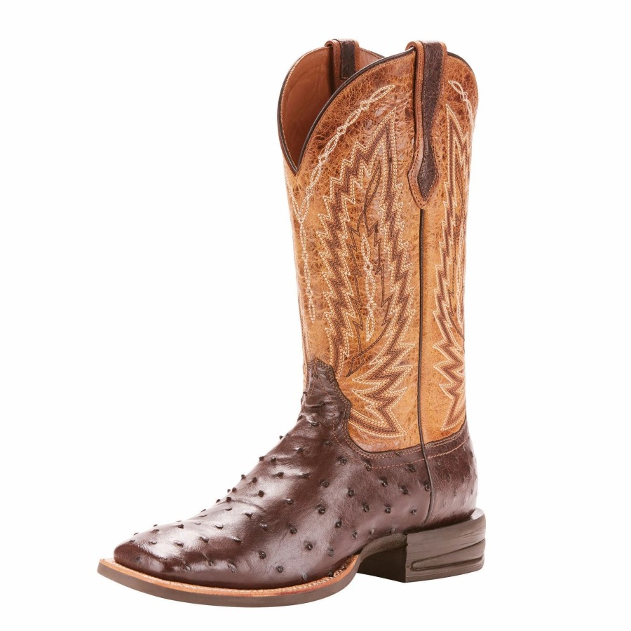 Boots & Shoes * | Ariat Men'S Tobacco Full Quill Ostrich Relentless Platinum Square Toe Boot