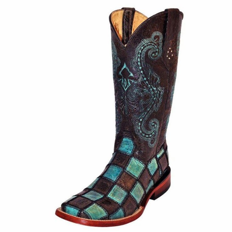 Boots & Shoes * | Ferrini Women'S Black And Turquoise Patchwork Square Toe