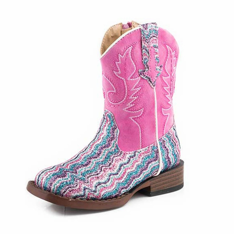 Boots & Shoes * | Karman Western Apparel Toddler Pink Chevron Glitter Square Toe Cowboy Boots