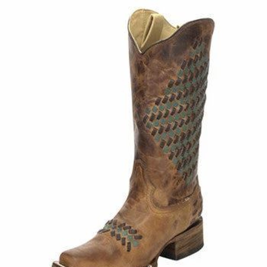 Boots & Shoes * | Corral Boots Corral Sand Woven Teal Square Toe