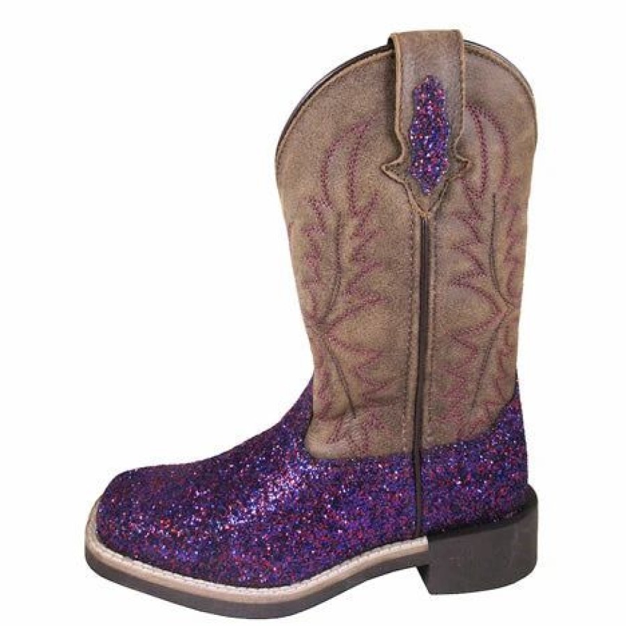 Boots & Shoes * | Smoky Mountain Boots Youth Purple Glitter And Brown Square Toe Boots