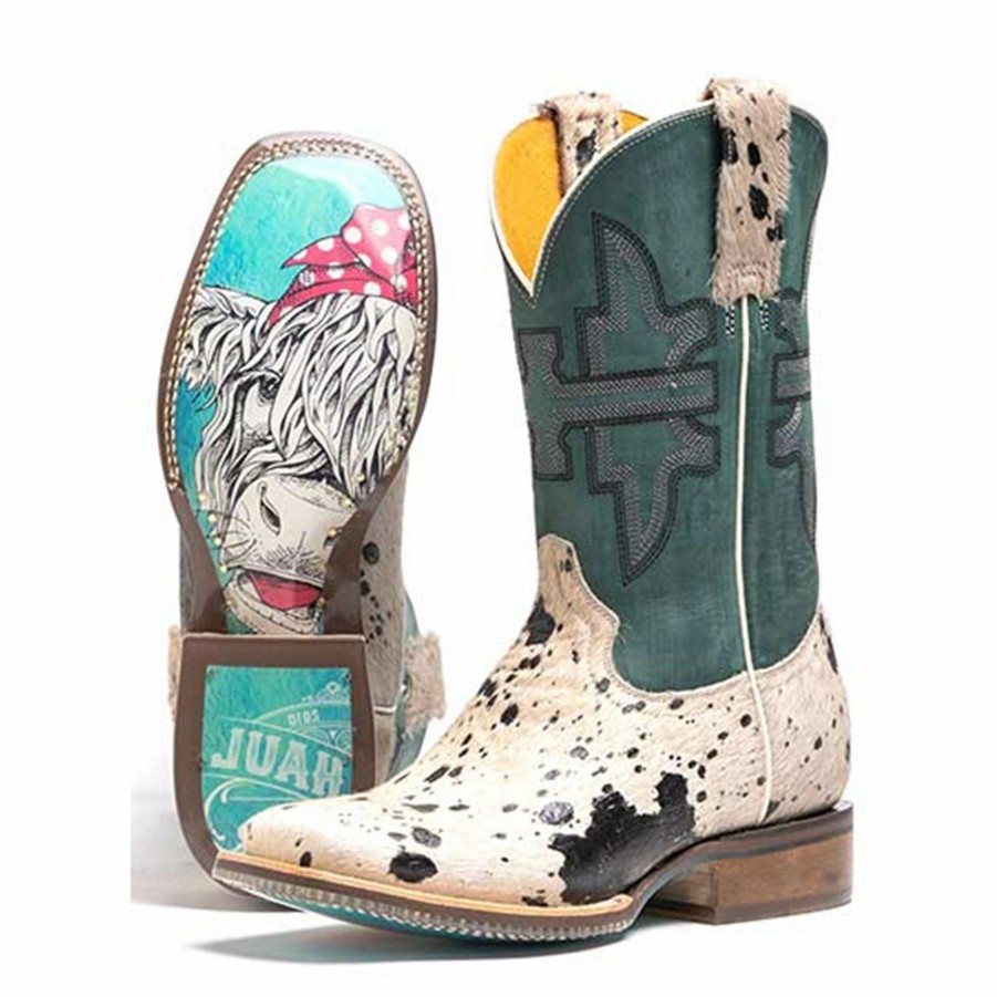 Boots & Shoes * | Roper Women'S Tin Haul Shaggy Cow Hide Square Toe Cowboy Boots