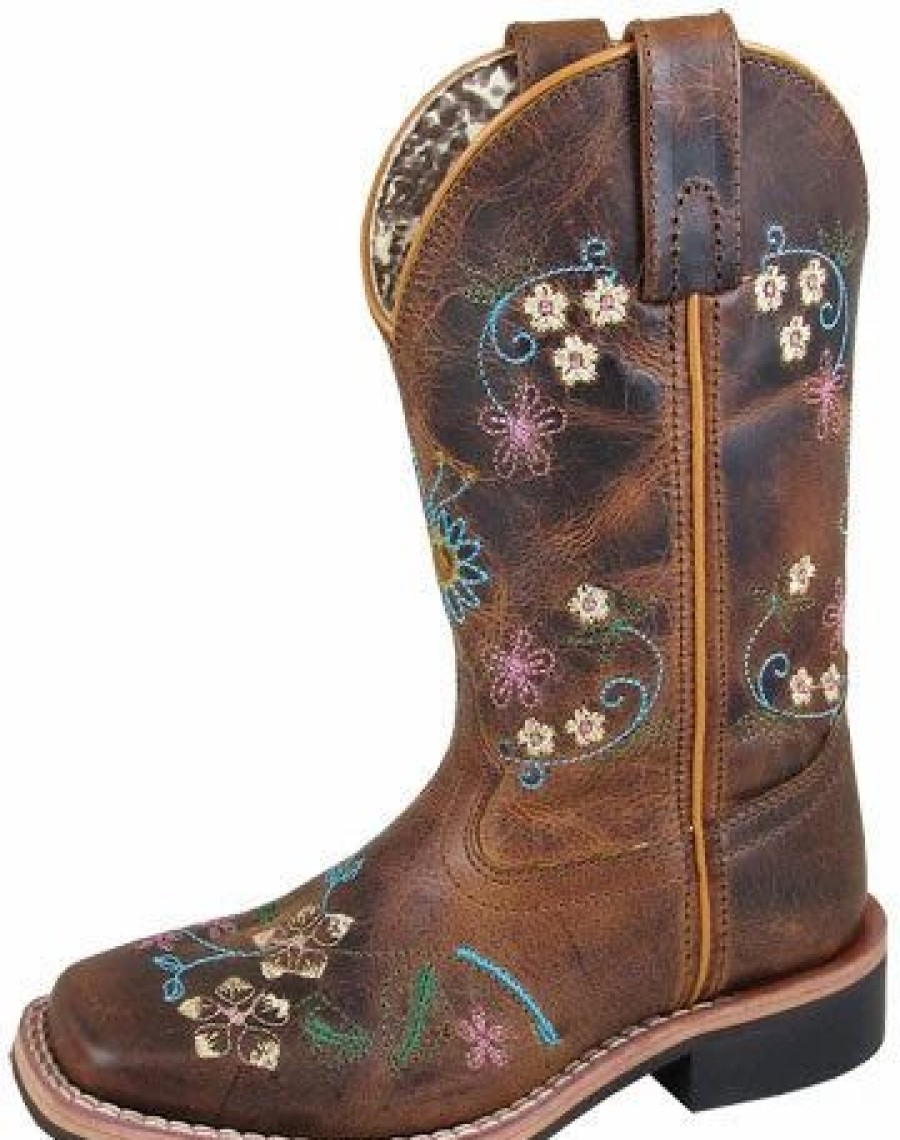 Boots & Shoes * | Smoky Mountain Boots Kid'S Brown Floral Stitched Square Toe Boots