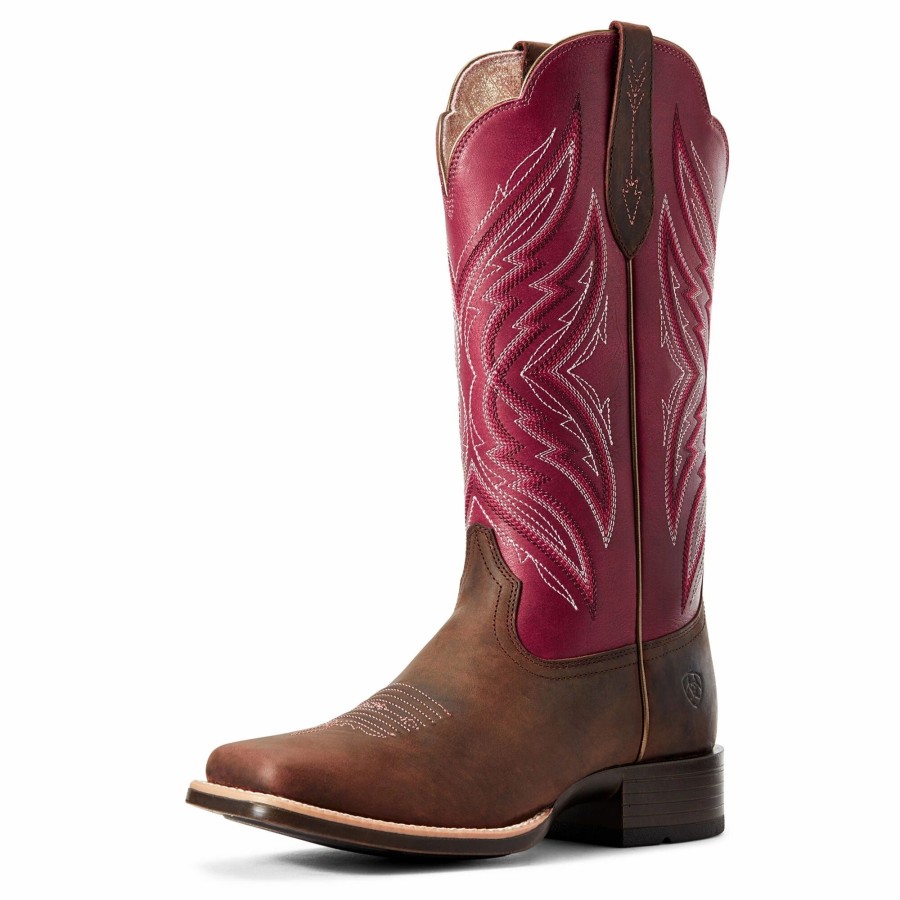 Boots & Shoes * | Ariat Distressed Brown And Fuchsia Pinnacle Square Toe