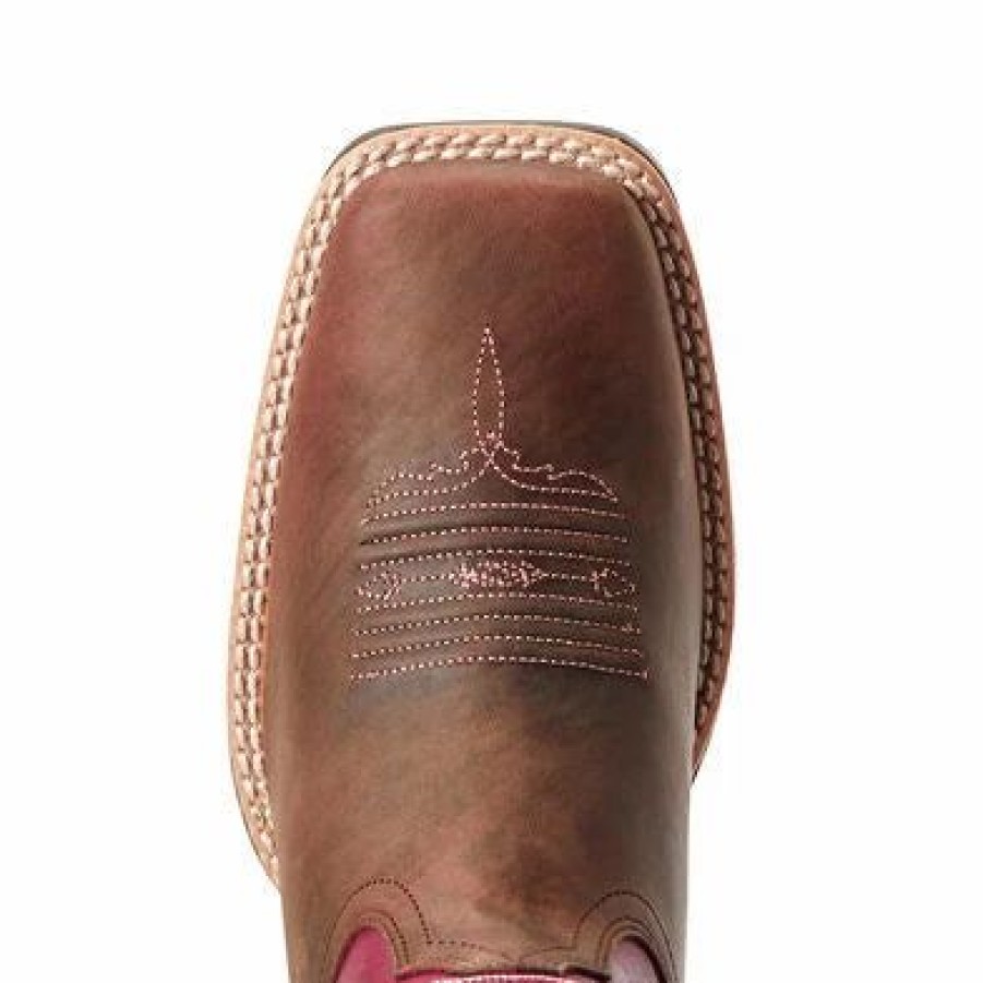 Boots & Shoes * | Ariat Distressed Brown And Fuchsia Pinnacle Square Toe