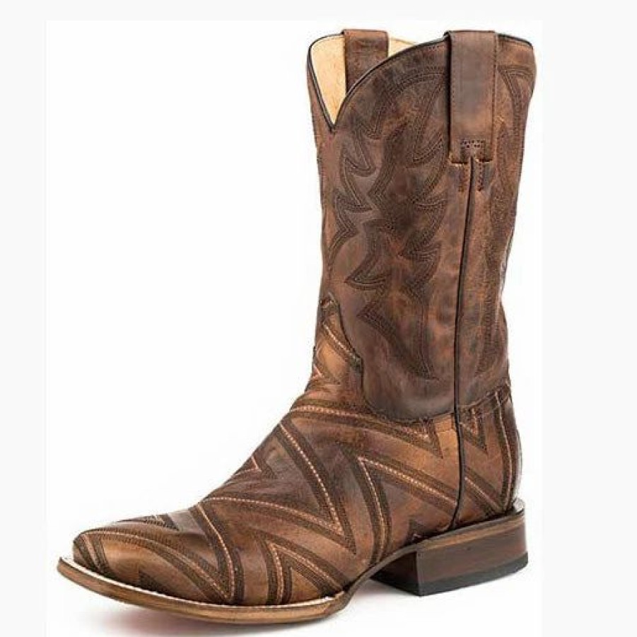 Boots & Shoes * | Karman Western Apparel Roper Men'S Tan Zig Zag Square Toe Boot