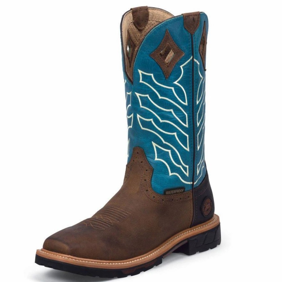 Boots & Shoes * | Justin Men'S Cognac And Blue Waterproof Square Toe Work Boot