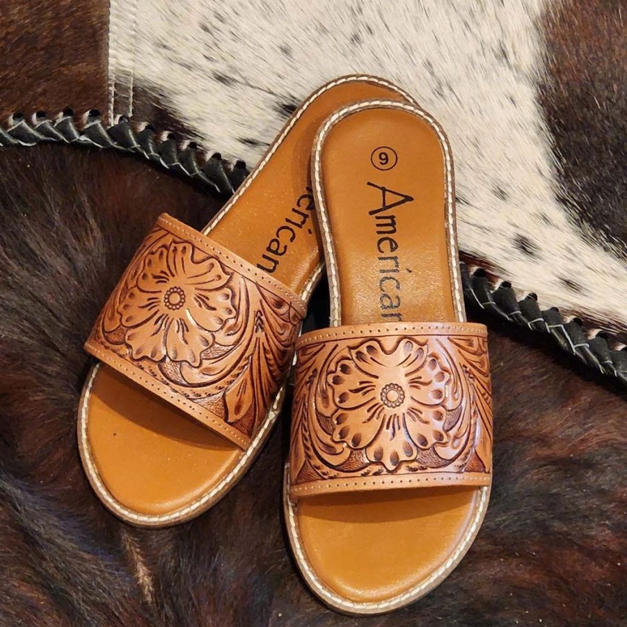 Boots & Shoes * | American Darling Tooled Slide Sandal