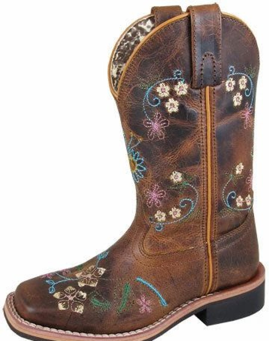 Boots & Shoes * | Smoky Mountain Boots Kid'S Brown Floral Stitched Square Toe Boots