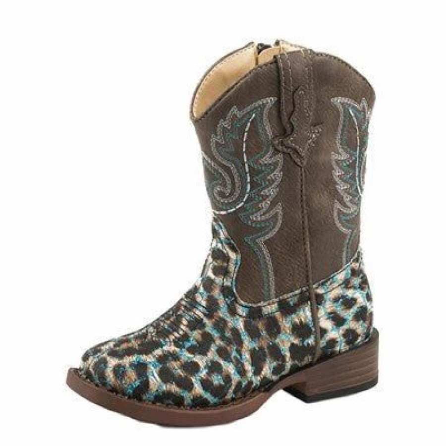 Boots & Shoes * | Karman Western Apparel Roper Toddler Leopard Turquoise Glitter Square Toe Boots