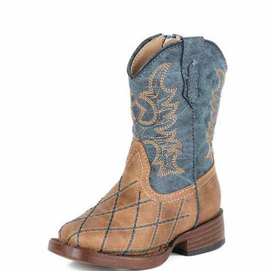 Boots & Shoes * | Roper Tan And Navy Patchwork Square Toe Boots