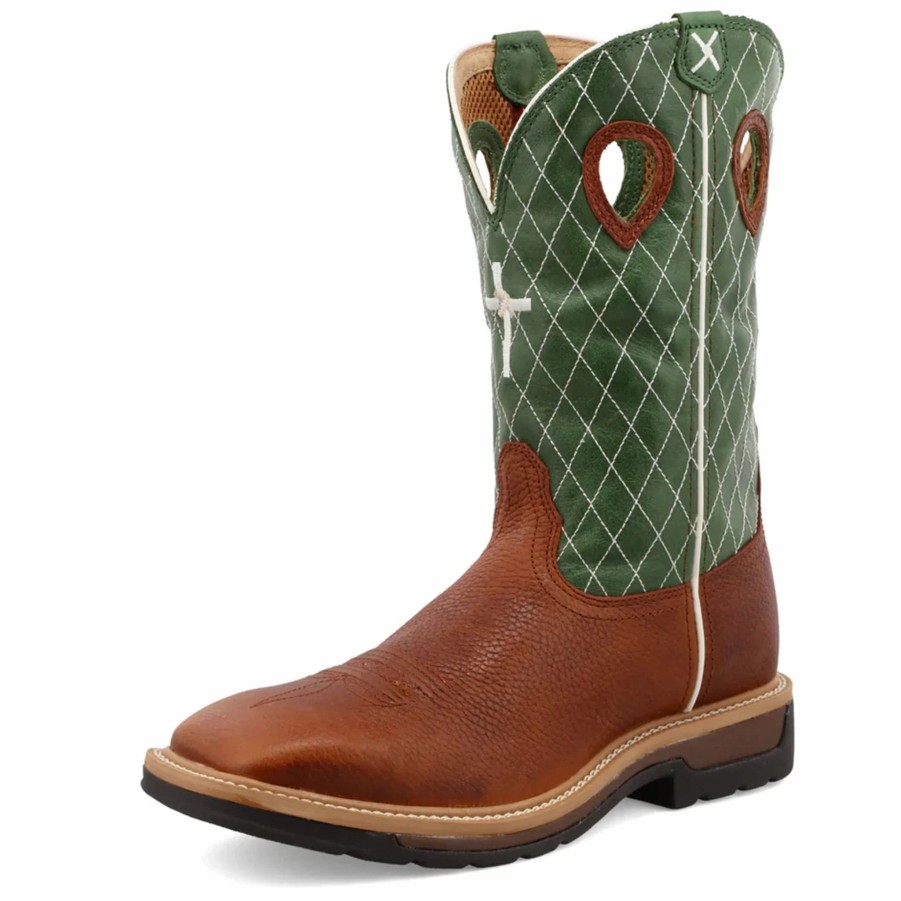 Boots & Shoes * | Twisted X Men'S Lite Sq. Toe Western Work Boot-Brown/Green Top