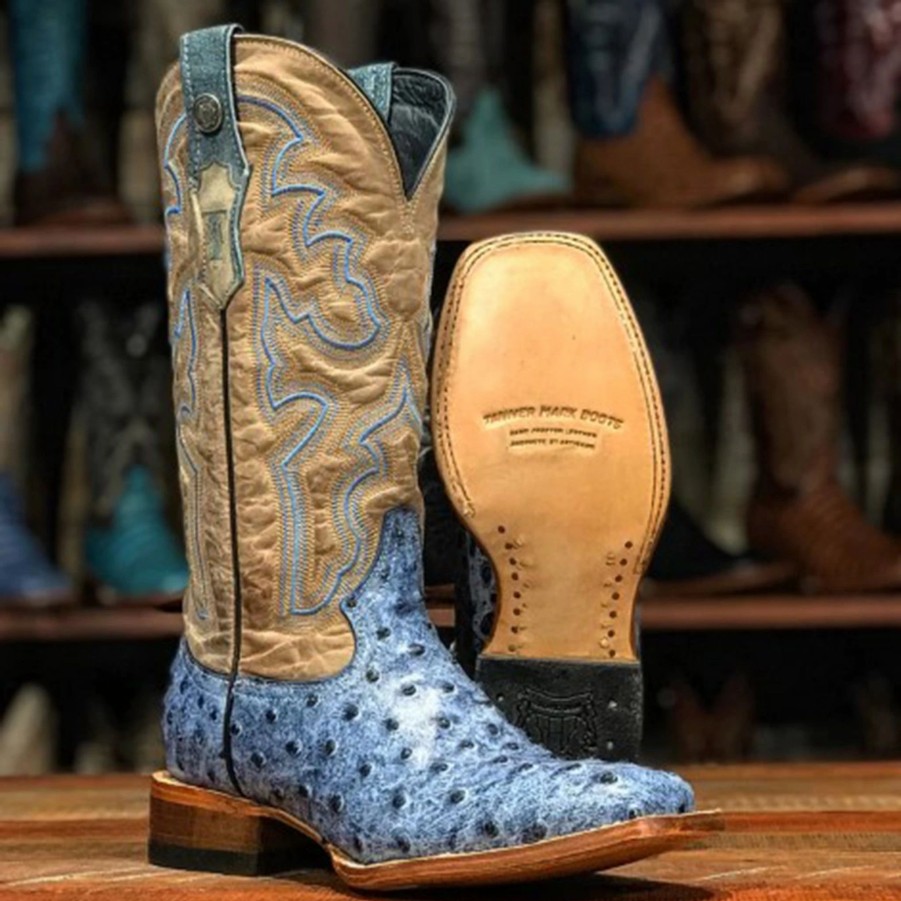 Boots & Shoes * | Tanner Mark Boots Tanner Mark Women'S Blue Ostrich/ Bone Top Square Toe Boots