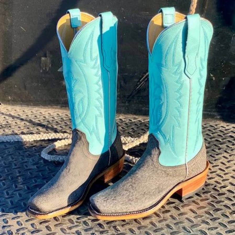 Boots & Shoes * | Fenoglio Grey Cape Buffalo W/ Turquoise Shaft Boots