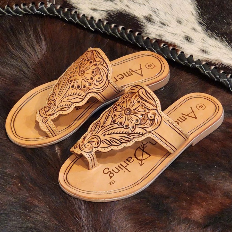 Boots & Shoes * | American Darling Tooled Leather Flip Flop