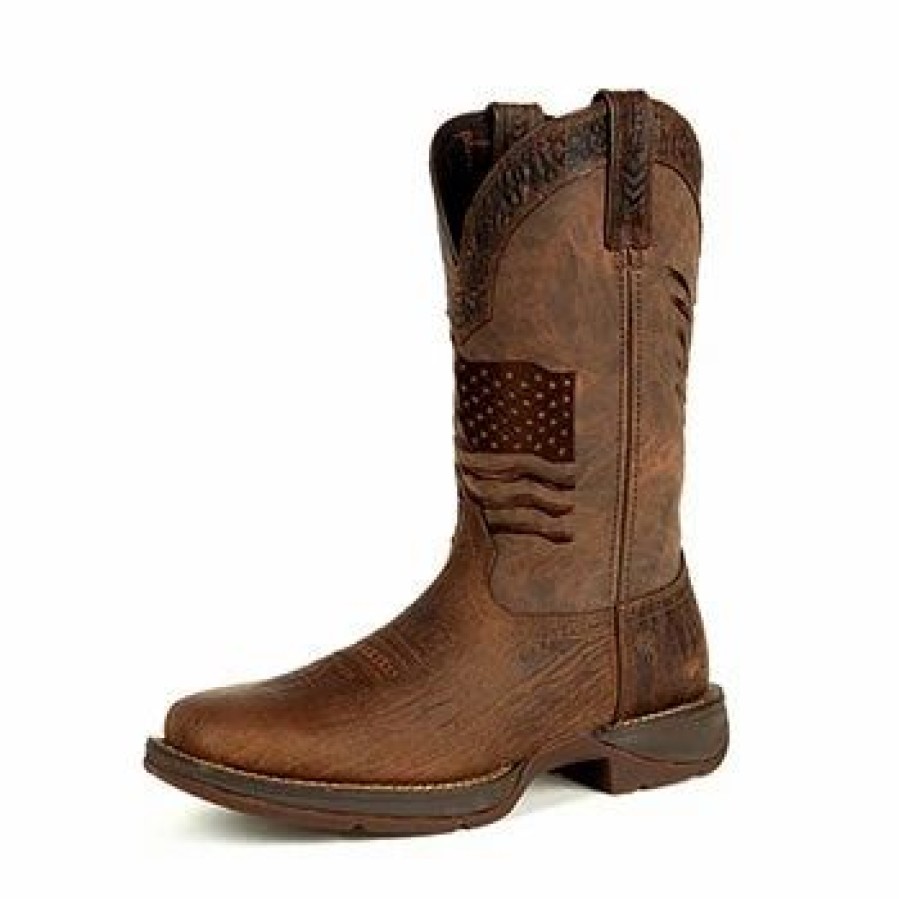 Boots & Shoes * | Durango Boots Durango Brown Distressed Flag Embroidery Square Toe Boots