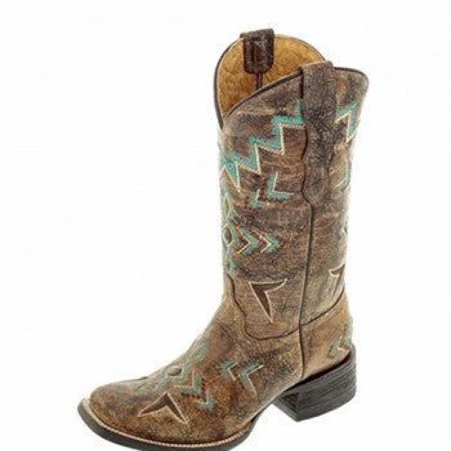 Boots & Shoes * | Corral Boots Corral Kid'S Tan Bronze And Turquoise Square Toe