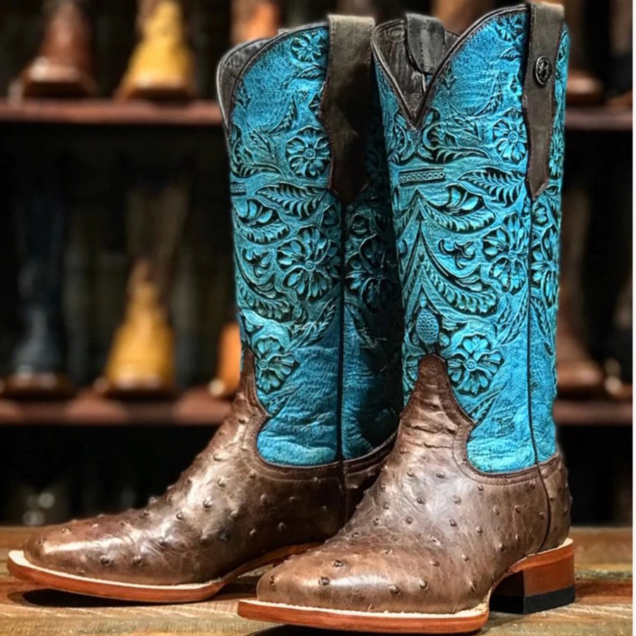 Boots & Shoes * | Tanner Mark Ladies Brown Ostrich With Turquoise Tooling Square Toe Boots