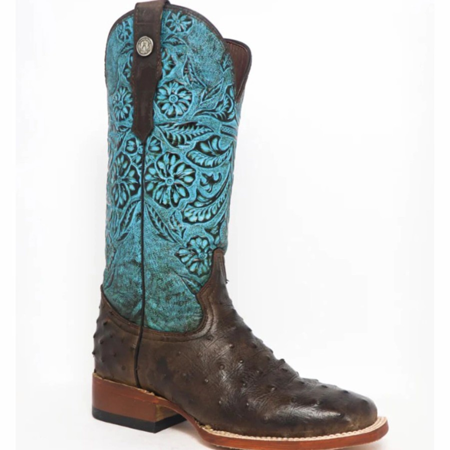 Boots & Shoes * | Tanner Mark Ladies Brown Ostrich With Turquoise Tooling Square Toe Boots