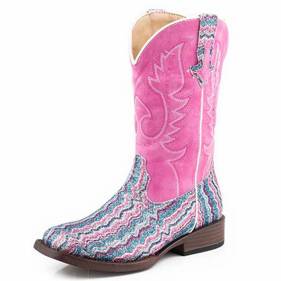 Boots & Shoes * | Kid'S Roper Pink Chevron Glitter Square Toe Cowboy Boots