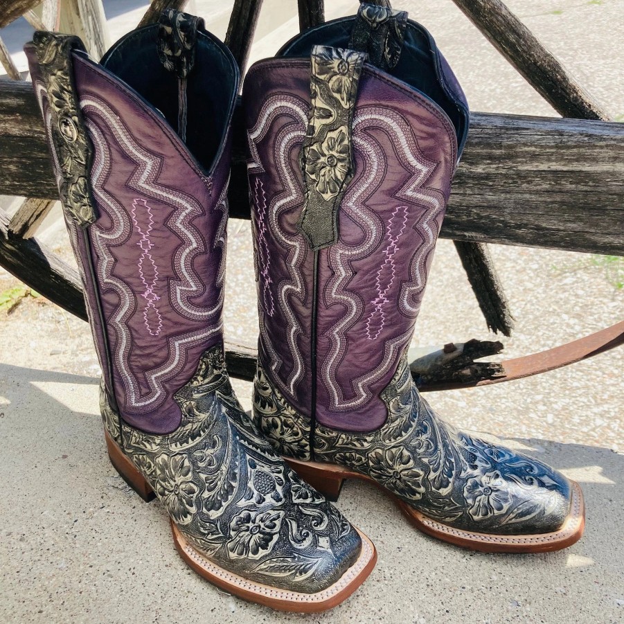 Boots & Shoes * | Tanner Mark Boots Tanner Mark Women'S Rustic Charcoal With Purple Volcano Tops Square Toe Boots