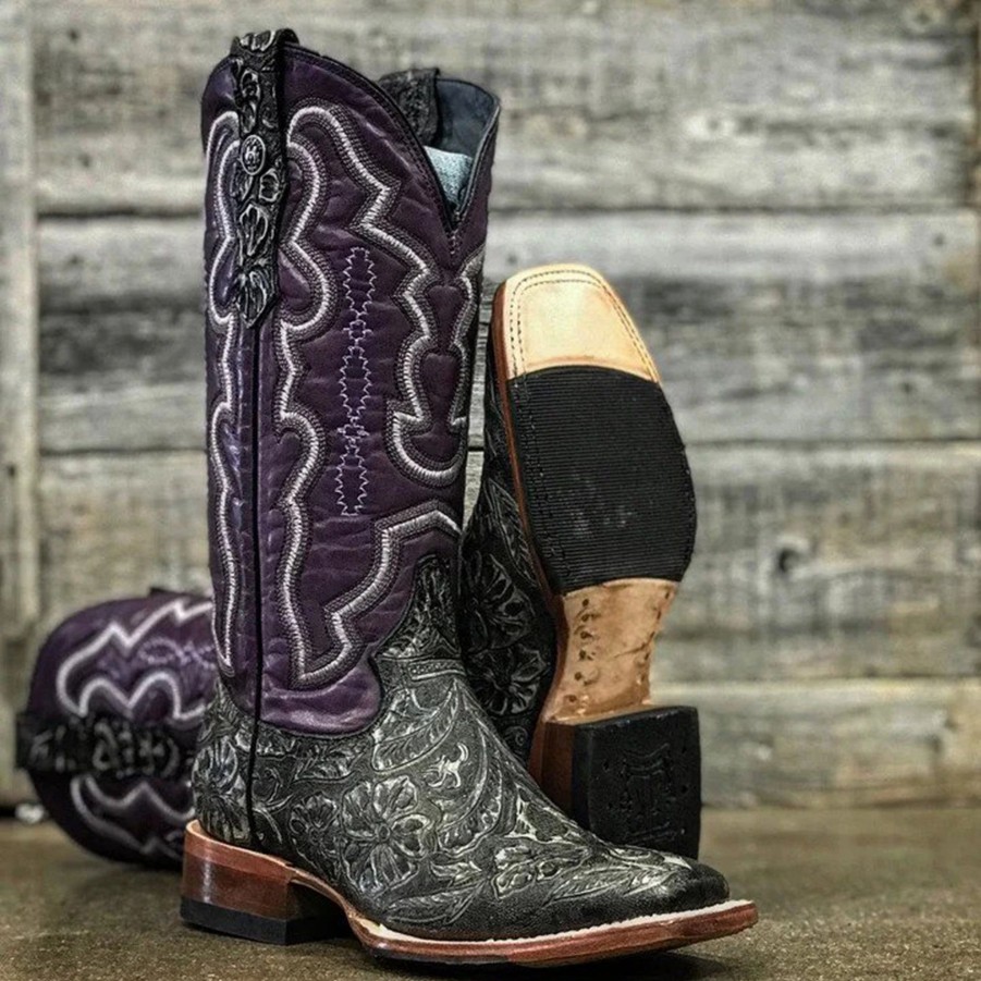 Boots & Shoes * | Tanner Mark Boots Tanner Mark Women'S Rustic Charcoal With Purple Volcano Tops Square Toe Boots