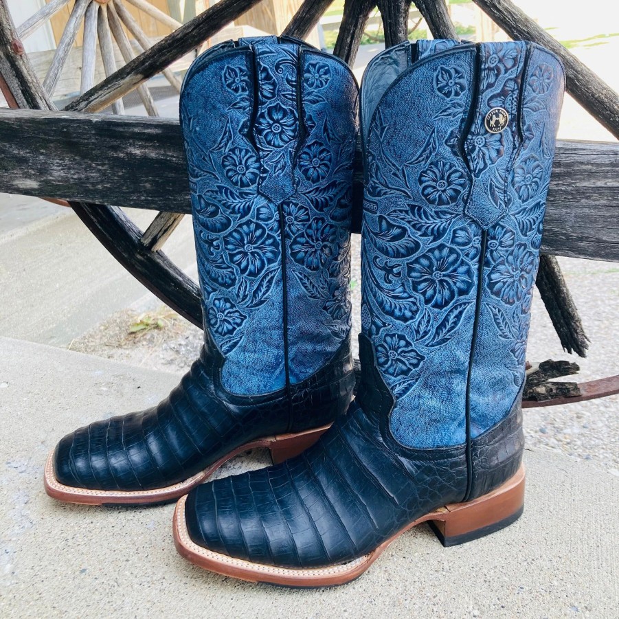 Boots & Shoes * | Tanner Mark Boots Tanner Mark Women'S Black Caiman & Blue Square Toe Boots