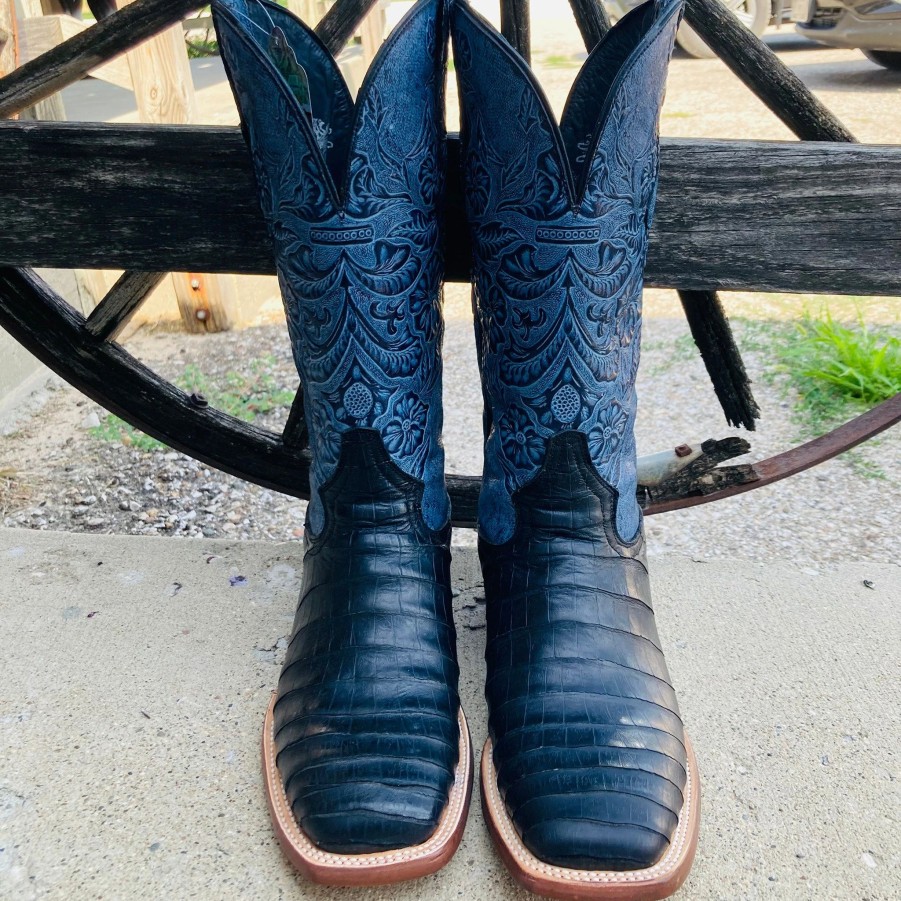 Boots & Shoes * | Tanner Mark Boots Tanner Mark Women'S Black Caiman & Blue Square Toe Boots