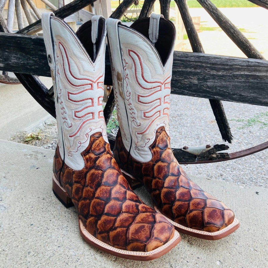 Boots & Shoes * | Tanner Mark Boots Tanner Mark Men'S "Dillon" Cognac Monster Fish Square Toe Boots