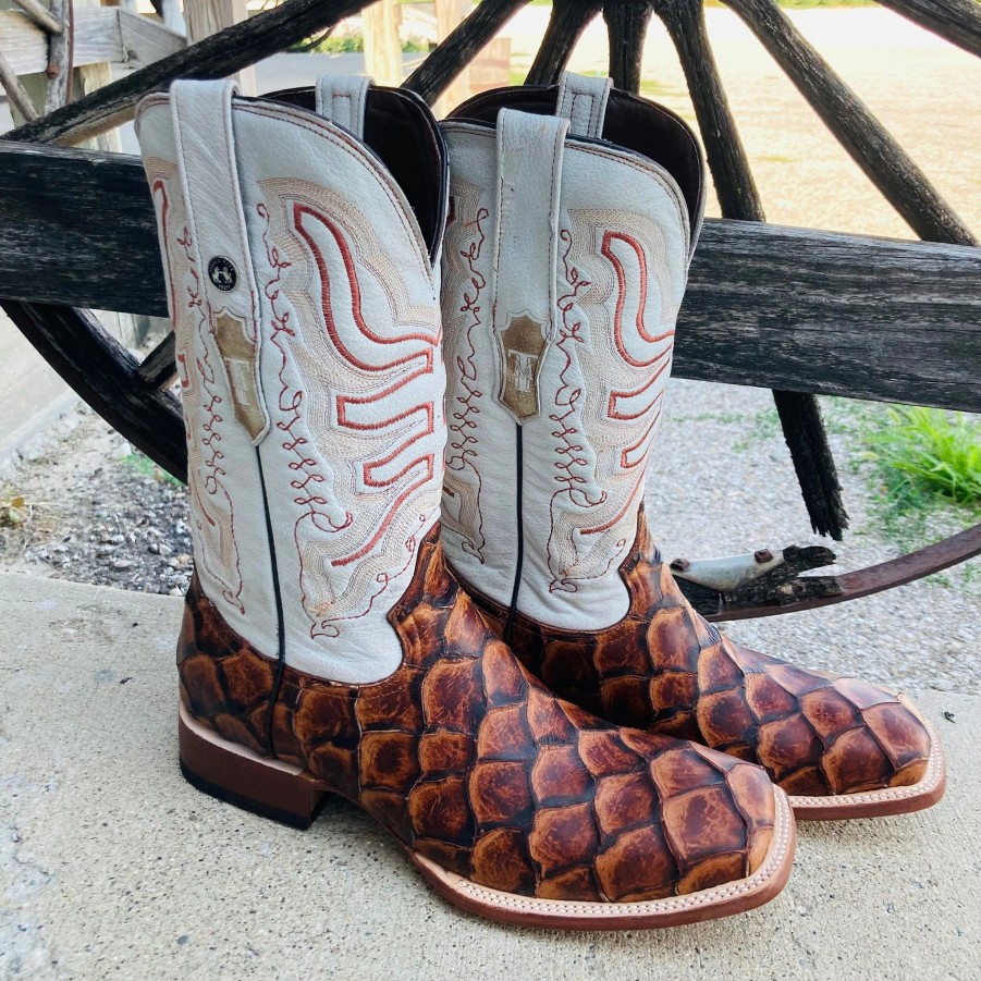 Boots & Shoes * | Tanner Mark Boots Tanner Mark Men'S "Dillon" Cognac Monster Fish Square Toe Boots