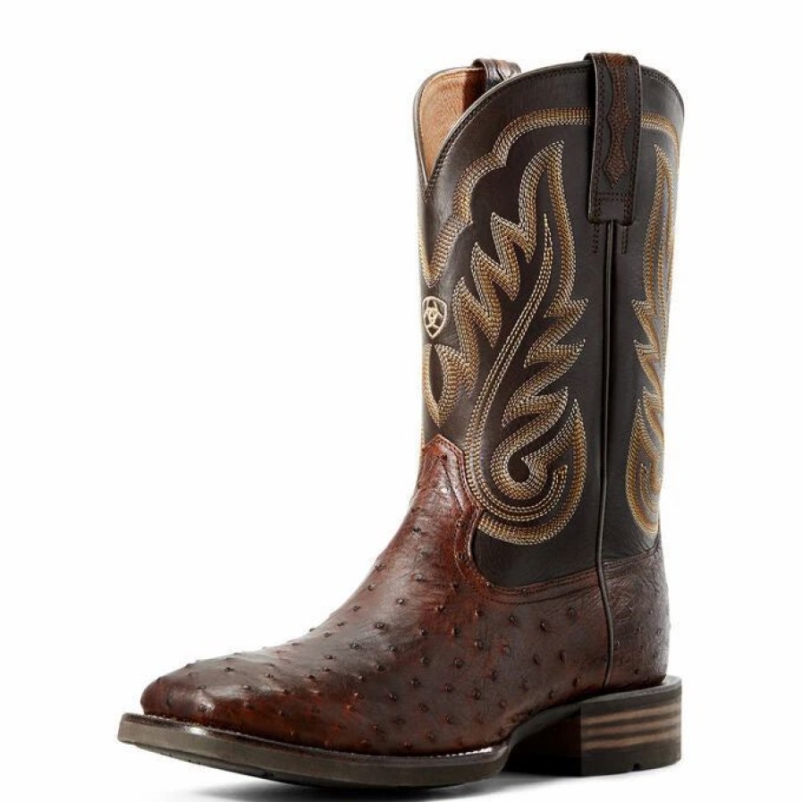 Boots & Shoes * | Men'S Ariat Matte Brown Full Ostrich Quill Square Toe Boot