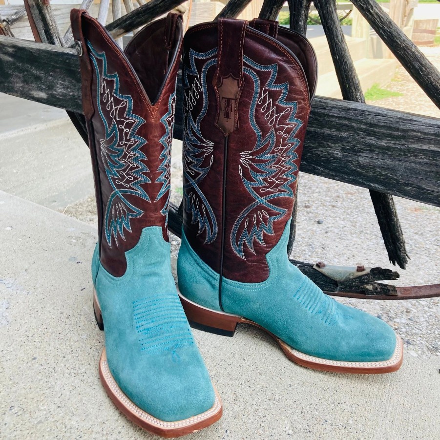 Boots & Shoes * | Tanner Mark Boots Tanner Mark Women'S Turquoise Rough Out Square Toe Boots