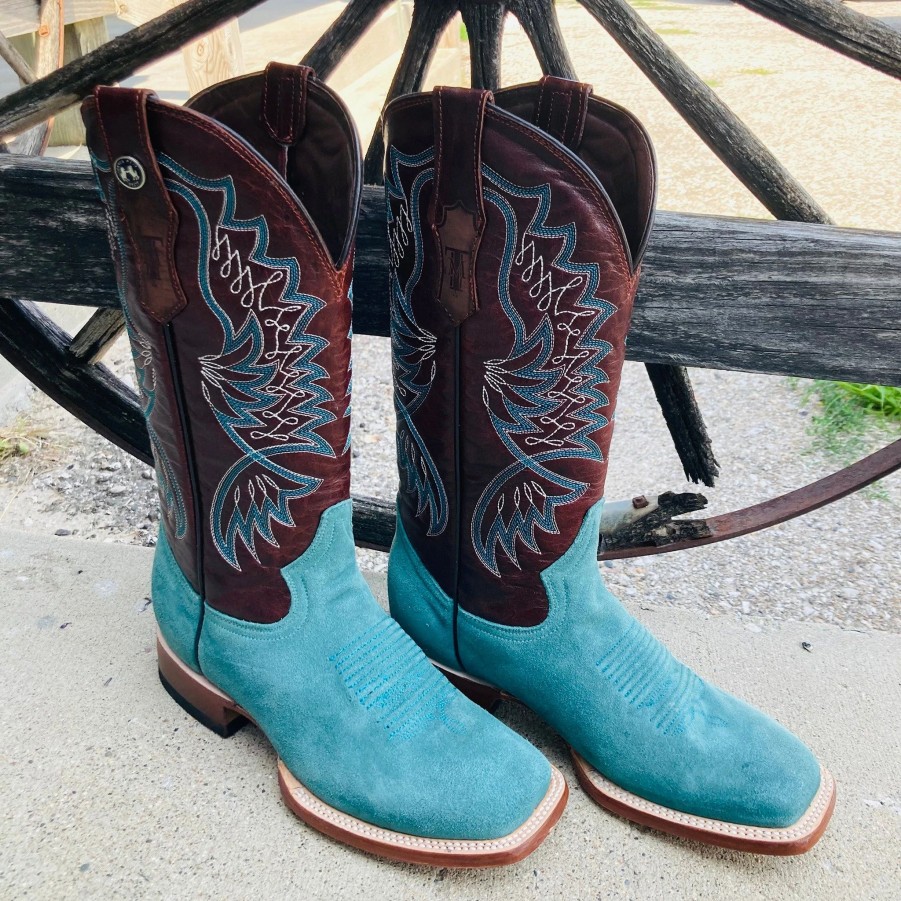 Boots & Shoes * | Tanner Mark Boots Tanner Mark Women'S Turquoise Rough Out Square Toe Boots