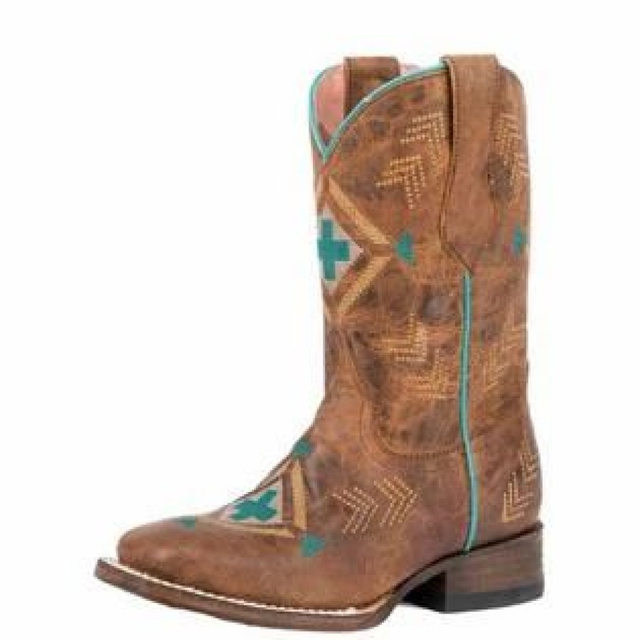 Boots & Shoes * | Karman Western Apparel Roper Kid'S Tan, Turquoise Aztec And Cross Embroidered Boots