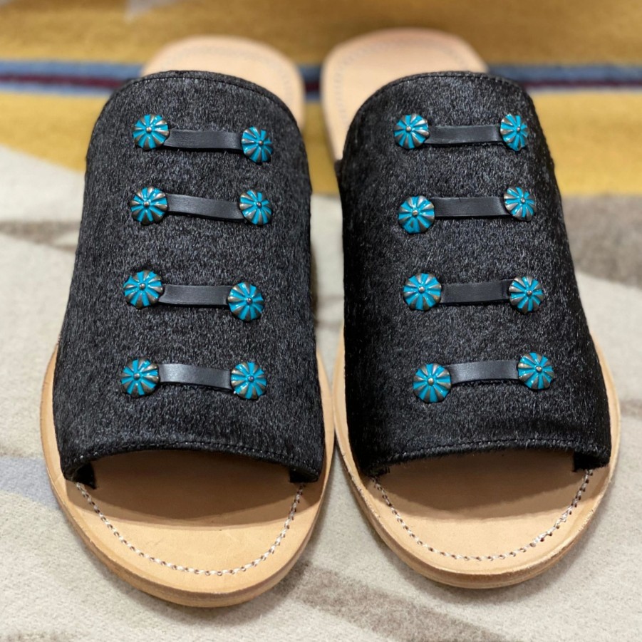 Boots & Shoes * | Agave Sky Boot & More Black & Turquoise Cowhide Sandals