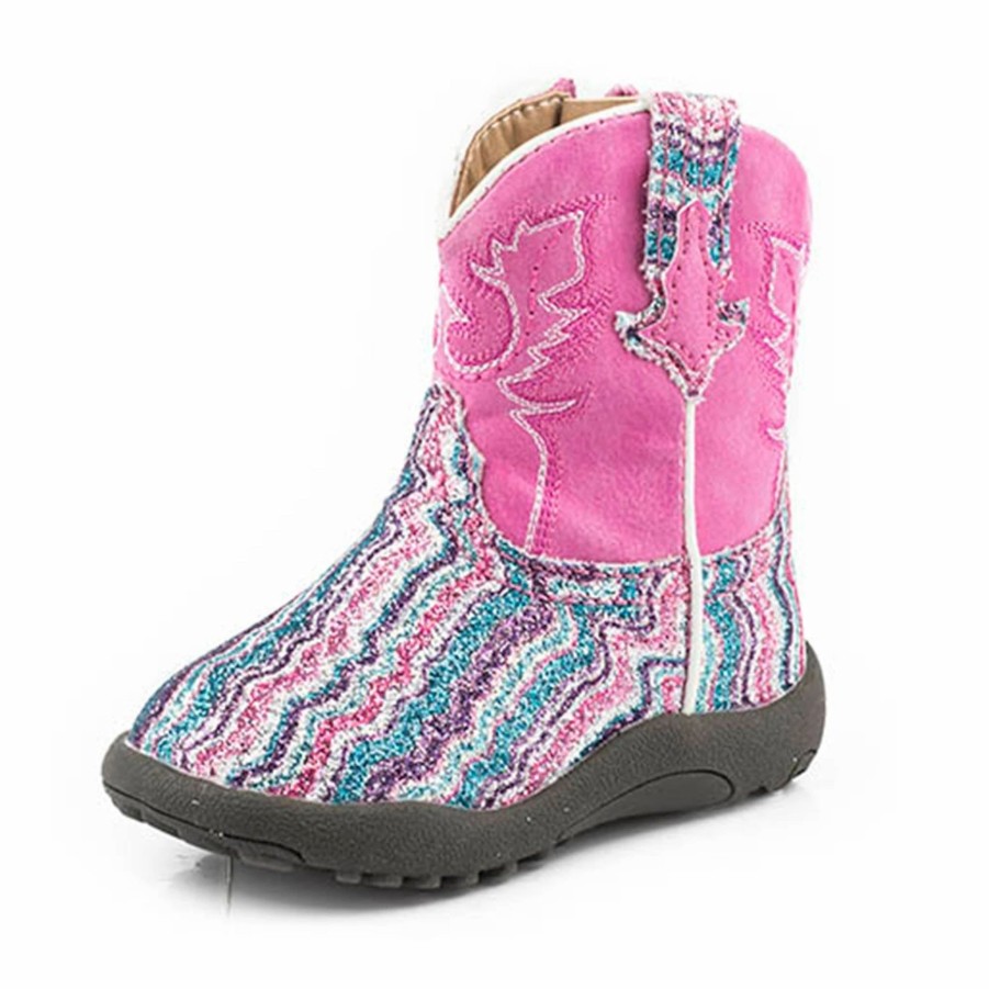 Boots & Shoes * | Karman Western Apparel Infant Roper Pink Chevron Glitter Square Toe Cowboy Boot