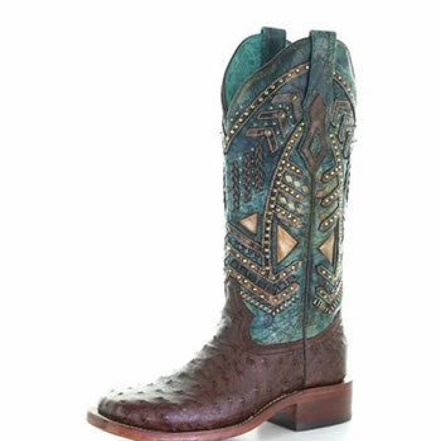 Boots & Shoes * | Corral Boots Corral Brown And Turquoise Ostrich Embroidery Stud Boots