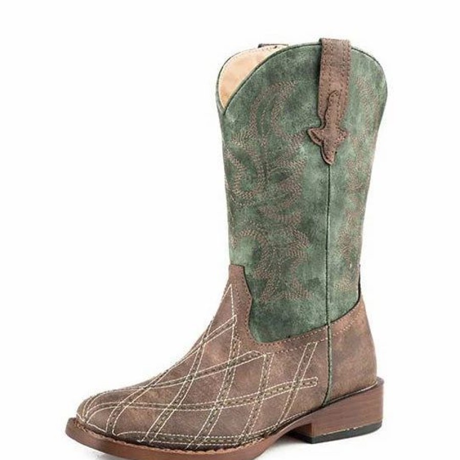 Boots & Shoes * | Roper Little Kids Brown And Green Cross Cut Diamond Square Toe Boots