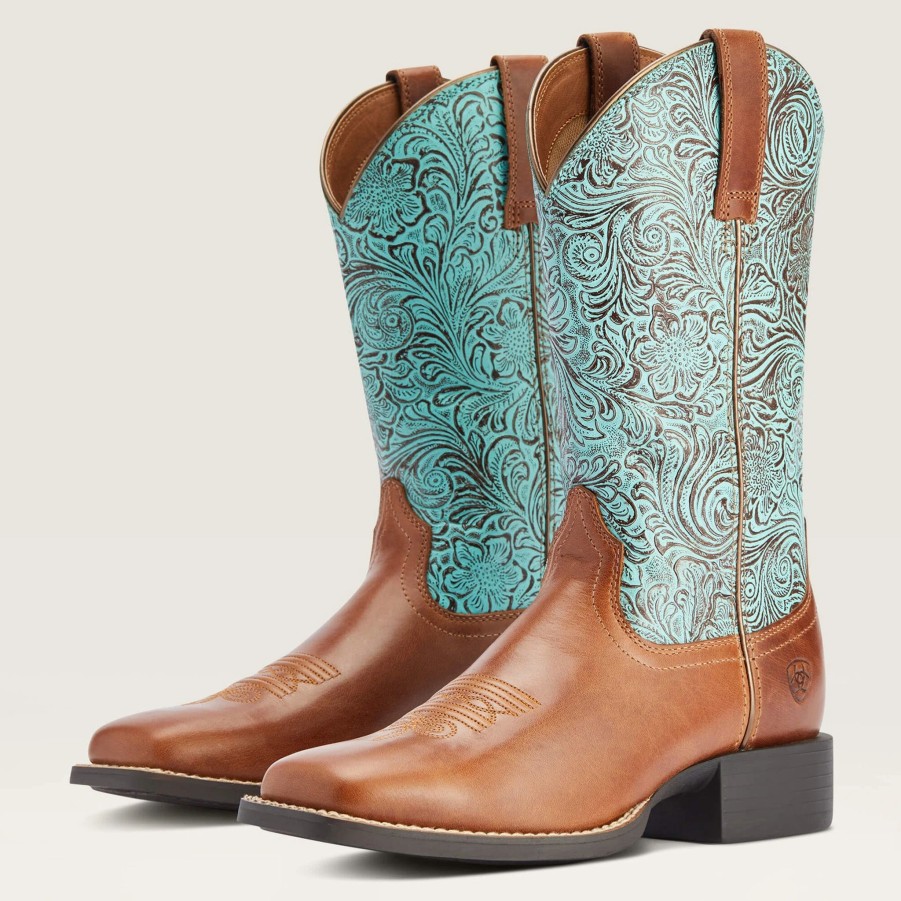 Boots & Shoes * | Ariat Women'S Round Up Brown/Turquoise Square Toe Boots