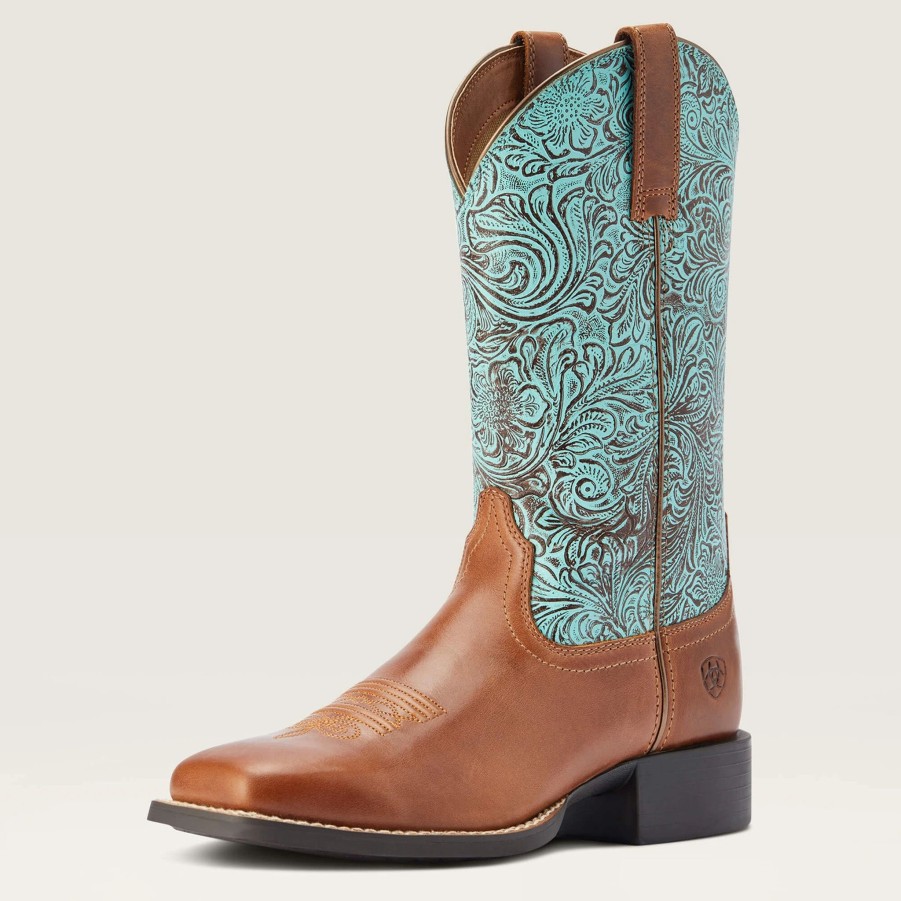 Boots & Shoes * | Ariat Women'S Round Up Brown/Turquoise Square Toe Boots