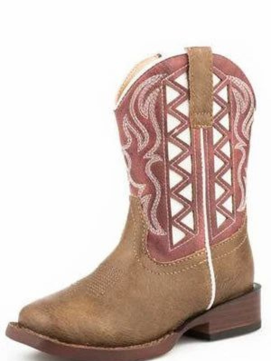 Boots & Shoes * | Karman Western Apparel Roper Toddler Brown, Red And White Cut Out Square Toe Boots